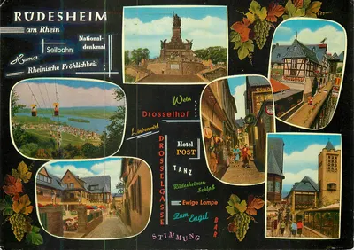 RÜDESHEIM am Rhein — Monument Nacional, Teleférico, Drosselhof, Bairro Lindenviertel — editor Farb-Foto und Verlag, n° 2610