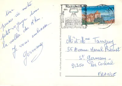 RÜDESHEIM am Rhein — Monument Nacional, Teleférico, Drosselhof, Bairro Lindenviertel — editor Farb-Foto und Verlag, n° 2610 — Verso