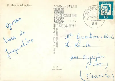 Saarbrücken — widok panoramiczny z kościołem i kwiatami — Verlag E. MUTH — Rewers