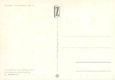 Stuttgart - Torre de Televisão de 216 m — editor Zobel-Verlag, n° 000B00119 — Verso