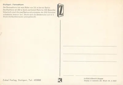 Stuttgart, Fernsehturm — vista aérea — Zobel-Verlag, n° 2/5429 — Verso