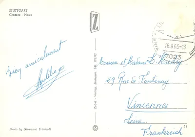 Stuttgart - Crosses-Haus — Fotografia Giovanniego Trimboli — wydawca Zobel-Verlag, Tel. 292312 — Rewers