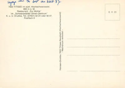 Titisee - Restauracja 'Zur Mühle' — Schwarzwald — E. V. 23 — Rewers