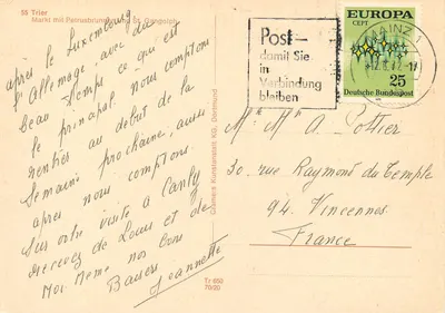 Trier - Plac targowy z fontanną św. Piotra i kościołem św. Gangolfa — wydawnictwo Cramer's Kunstansicht KG — Rewers