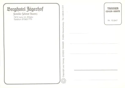 Berghotel Jägerhof — Família Selmut Aurenz — TANNER COLOR-KARTE Nr. 10.847 — Verso