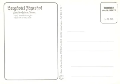 Berghotel Jägerhof — Família Selmut Lurenz — TANNER COLOR-KARTE Nr. 10.846 — Verso