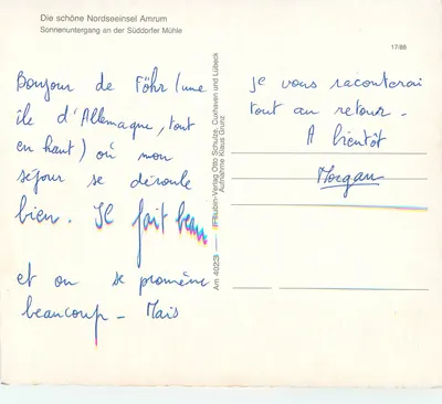 Amrum — pôr do sol nas moinhas de Süddorf — Rubbin-Verlag Otto Schulze, Cuxhaven und Lübeck — Verso