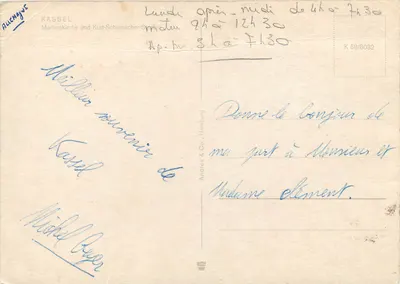 Katedra św. Marcina w Kassel — widok miejski z tramwajem — wydawca Andres & Co., nr K 68/8032 — Rewers
