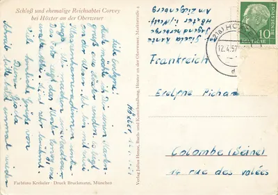 Zamek i dawniej cesarska abbatia Corvey — Hôxter nad Oberweserem — Wydawca Julius Herze, Munchen — Rewers