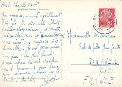 Fontanna i kościoł w Schwäbisch Gmünd — wydawca Gebr. Metz, nr 657/88 EC — Rewers