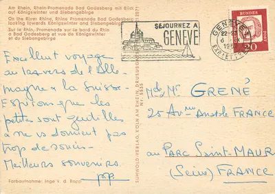 Widok na Rzeka Ren w Bad Godesberg — spacer i góra Königswinter — wydawca SUHWOLD-VERLAG, nr 2071 — Rewers