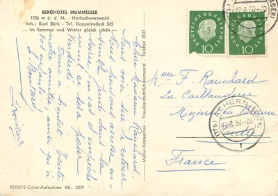 Bilhete postal moderno Hotel de Montanha Mummelsee — Verso
