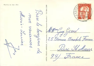 Partie an der Ahr — paisagem ondulada com vinhedos e rio — Ahrtal-Verlag, n°5389 — Verso
