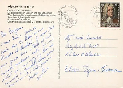 Oberwesel nad Rynem — z trzema gotyckimi kościołami i zamekiem Schönburg — Köln-Düsseldorfer AG — Rewers