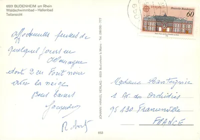 Budenheim am Rhein — widok z basenu Waldschwimmbad i dzielnicy — wydawca Johann Hinkel Verlag, nr 653 — Rewers