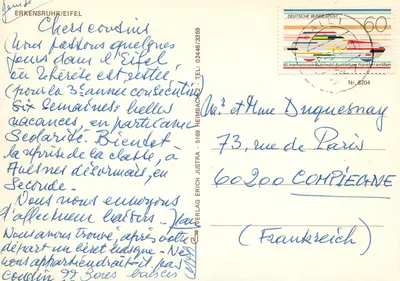 Erkensruhr/Eifel — widok panoramiczny, strumień, kościoł, karetka — Verlag Erich Justra — Rewers