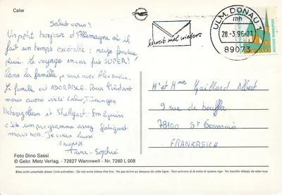 Calw w Dolinie Nagold — centralna plac z fontanną i budynkami z cegły z cegły z cegły — Gebr. Metz Verlag, Nr. 7260 L 008 — Rewers