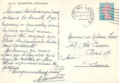 Saarburg (Niemcy) — widok miasteczka i mostu nad rzeką — CAPARU, Strasbourg — EUROCOLOR MP — Rewers