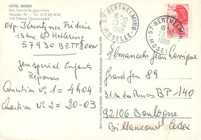 Bilhete postal moderno Hotel Baren — Verso