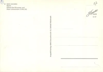 Bad Aachen — Fontanna cesarza Karola i dom Löwenstein (1344/45) — Krapohl-Verlag — Rewers