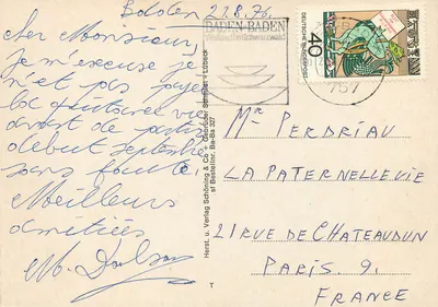 Weltbad Baden-Baden — vista panorâmica com fonte, concerto, hotel e montanhas — editor Schöning & Co. — Verso
