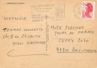 Terrasse de uma estação termal em Baden-Baden — exposição filatélica Vincennes 1987 — editor Hugues Capet — Verso