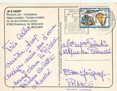 M.S. HANSI — Cruzeiro pelo rio Reno — editor Dia-und Postkarten-Verlag — Verso