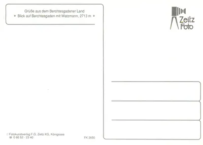 Berchtesgaden — vista sobre o Watzmann — editor Zeitz Foto, n° FK 2650 — Verso