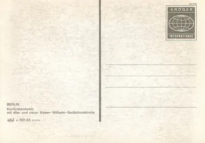 Berlin — Kurfürstendamm — z dawną i nową Kaiser-Wilhelm-Gedächtniskirche — wydawca Krüger International — Rewers