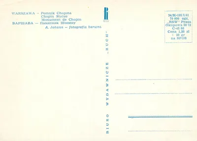Warschau — Monument van Chopin — uitgever RUCH, n° 34/K-195/L/61 — Achterkant