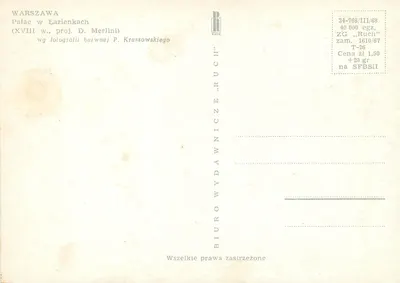Palácio em Łazienkach — Varsóvia — editor BIURO WYDAWNICZE „RUCH” — Verso