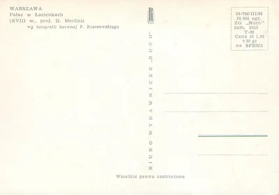Palácio nos Jardins de Banho — Varsóvia — publicado por Biuro Wydawnicze 'Ruch' — Verso