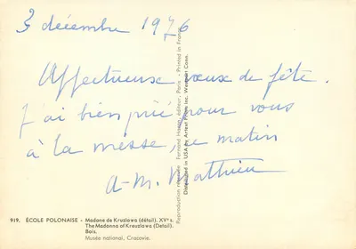 Madonna di Kreuzlawa — dettaglio — Scuola polacca, XV secolo — Editore Fernand Hazan, Parigi, n° 919 — Verso