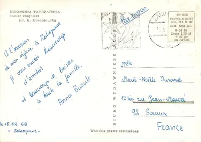 Bilhete postal moderno Bukowina Tatrzanska — Verso