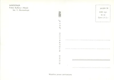 Varsóvia — Palácio da Cultura e das Ciências — editor BIURO WYDAWNICZE „RUCH” — Verso