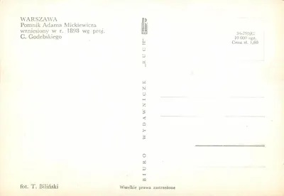Warszawa — Pomnik Adama Mickiewicza — wydawca 'RUCH' n°34-799/C — Rewers