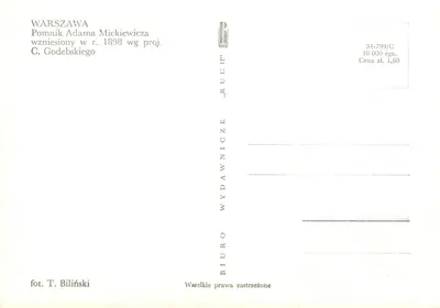 Warszawa — Pomnik Adama Mickiewicza — wydawca RUCH, nr 34-799/C — Rewers