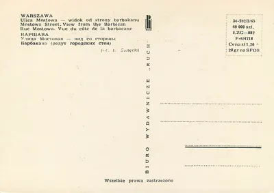 Warszawa — Widok z Barbakana na ulicę Mostową — Wydawca Ruch — Rewers