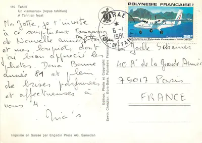 Tahiti — Tamaaraa (tradycyjny posiłek tahitański) — Wydawnictwo Christian, Bora-Bora, nr 115 — Rewers