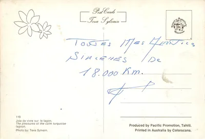 Kobieta w kajaku — Tahiti — wydawca Teva Sylvain, nr 119 — Rewers