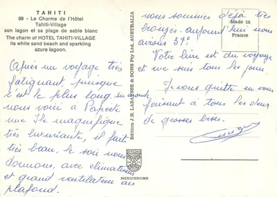 Tahiti — Le Charme de l'Hôtel Tahiti-Village — Édition J.H. Labasse & Sons Pty Ltd. — Verso