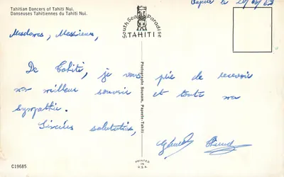 Tahitkańskie tancerki z Tahiti Nui — South Sea Paradise, C19685 — Rewers