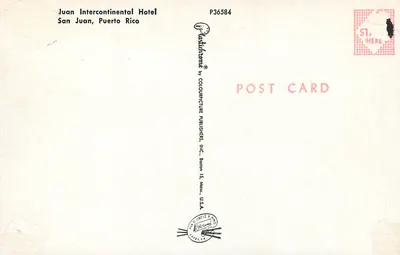 Hotel Juan Interkontynentalny — San Juan, Puerto Rico — wydawca Colourpicture Publishers, Inc. — Rewers
