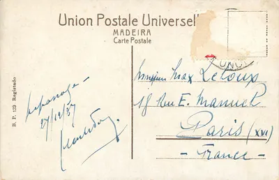 Camara de Lobos — vista costeira com palmeiras — Union Postale Universelle, Madeira — Verso