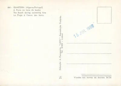 Quarteira (Algarve-Portugal) — plaża w czasie kąpieli — wydawnictwo LOTY, nr 664 — Rewers