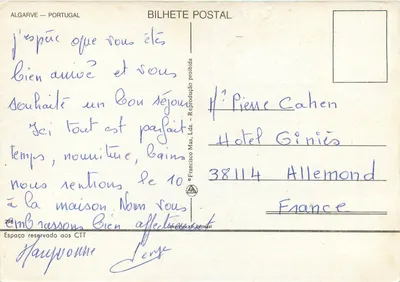 Algarve — plaża z wysokimi skałami — Francisco Mas, Lda. n° 278 — Rewers