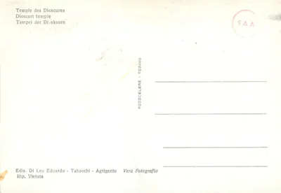 Agrigento - Templo dos Dioscuros — editor Leo Edoardo Tabacchi, série não numerada — Verso