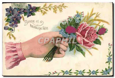 Mão segurando um buquê de flores — Boa e feliz festa — K. F. editores Paris, série 198 bis