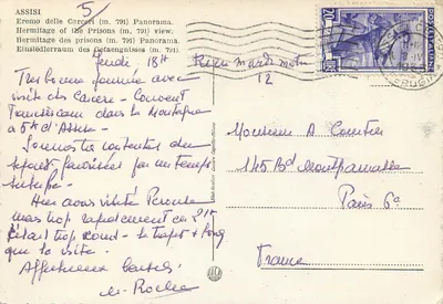 Nowoczesna pocztówka Assisi Eremo delle Carceri — Rewers