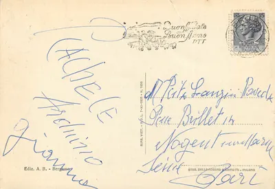 Bergamo - Via G. Garibaldi — widok z placu z kościołem i zegarową wieżą — Ediz. A.B. Bergamo — Rewers